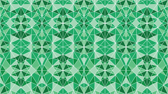 Abstract geometric low poly seamless pattern with green triangular mosaic facets creating a complex kaleidoscope texture for emerald crystal background wallpaper design vector.