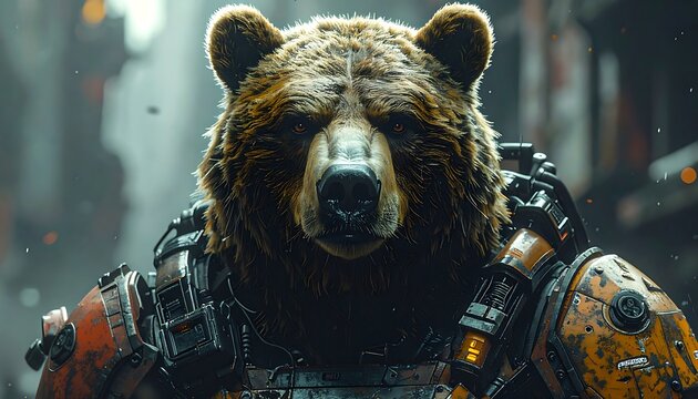 A close-up of a futuristic bear with a metallic exosuit