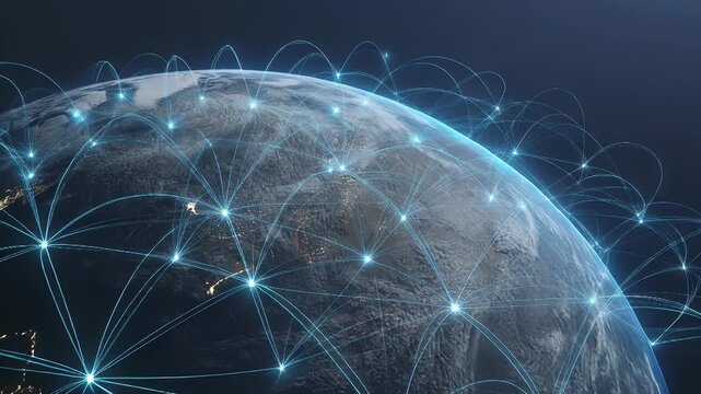 A digital network of glowing lines and dots connecting points across the Earth, symbolizing global communication and connectivity.