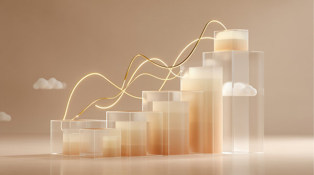Premium abstract EdTech learning analytics concept with minimalist 3D glass step chart and glowing gold progress line representing educational SaaS growth data