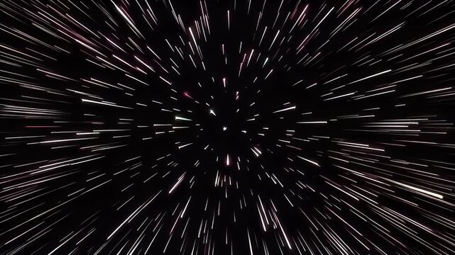 Abstract representation of light speed travel or hyperspace warp effect with numerous white streaks on a dark background.