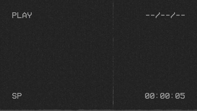 Retro vhs play screen with analog noise and digital timestamp overlay