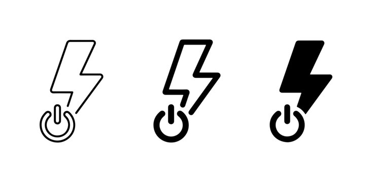 Power Button Lightning Bolt Icons, Energy Start Symbol Set, Electric Charge Vector Graphics