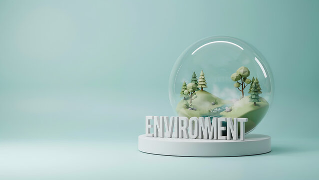 Miniature low poly nature forest with trees and river protected inside a glass dome on a minimal podium for environmental sustainability concept