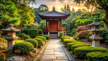 Fototapeta premium Wooden Pagoda Pavilion in Lush Garden with Warm Golden Light