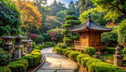 Fototapeta premium Wooden Pagoda Pavilion in Lush Garden with Warm Golden Light