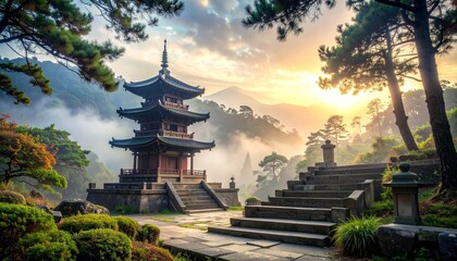 Obraz premium Pagoda Tower in Misty Mountain Garden with Stone Steps at Sunrise