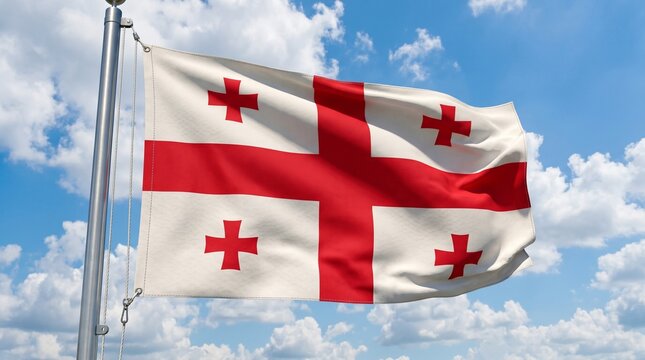 Waving flag of georgia national symbol against a bright sky