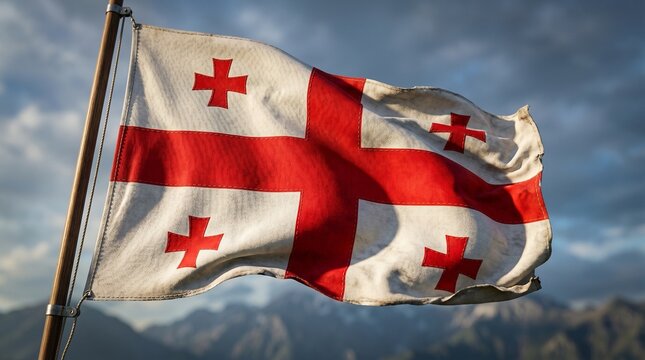 Waving flag of georgia with mountain backdrop caucasus region
