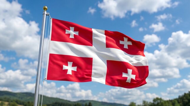 Waving flag of georgia national symbol against a clear blue sky