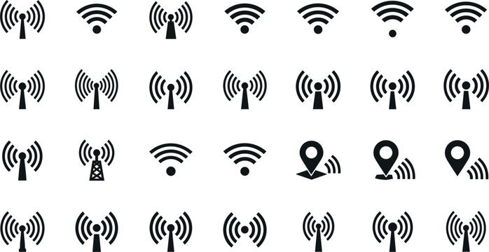 Wireless Signal and WiFi Antenna Icon Set with Network Communication Broadcast Waves and Map Location Pins for Technology Graphic Designs