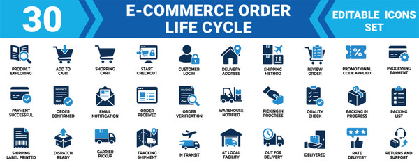 E commerce order lifecycle minimal vector icon bundle ui ux solid icon set collection 30 editable vector illustration © Sumon Sorkar