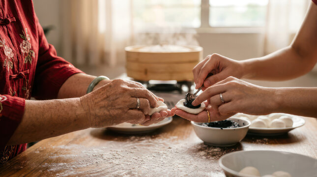 Family making dumplings together in a kitchen.