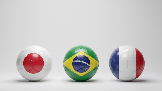 Three soccer balls representing japan brazil and france displayed on a light gray background ball football sphere sports game round