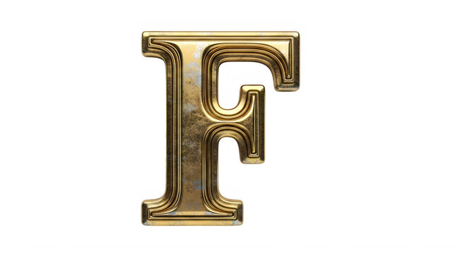Large gold letter F with ornate details and textured surface standing alone transparent background