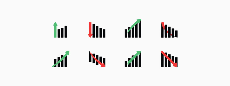 Set of eight bar chart with green growth and red decline arrows