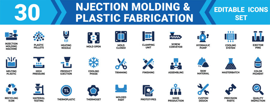 Injection molding plastic fabrication minimal 30 vector icon bundle ui ux solid icon set collection
