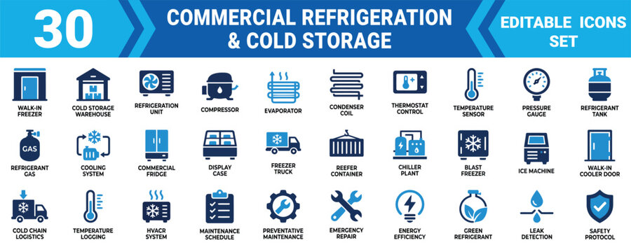 Commercial refrigeration cold storage 30 editable vector icons set ui ux minimal icon bundle