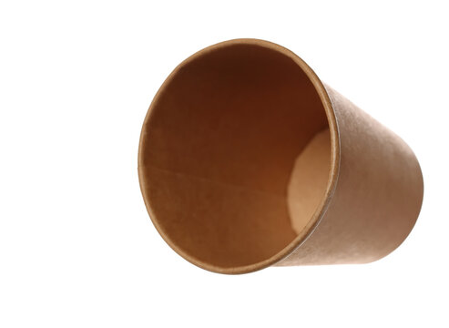 Empty brown paper cup flying, isolated on white, clipping path	