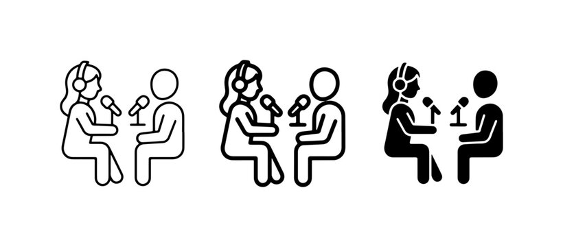 Podcast Interview Icons, Two People Talking with Microphones and Headphones, Vector Set