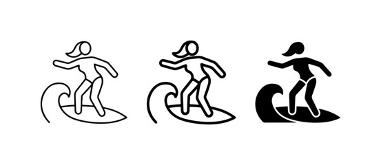 Fototapeta premium Surfing Woman Icons, Vector Set: Line Art, Silhouette, Black and White Styles