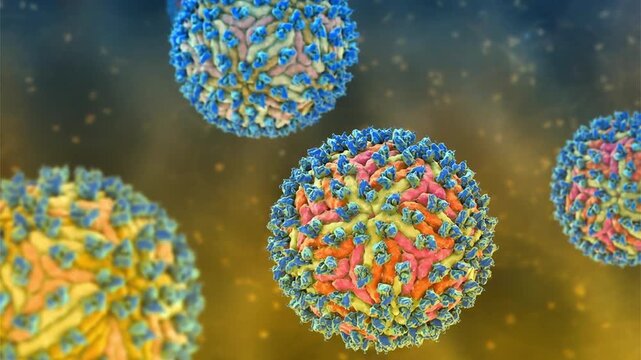 Dengue virus bound with neutralizing human antibodies, 3D animation showing flavivirus particles coated by immunoglobulins, illustrating antiviral immune response.