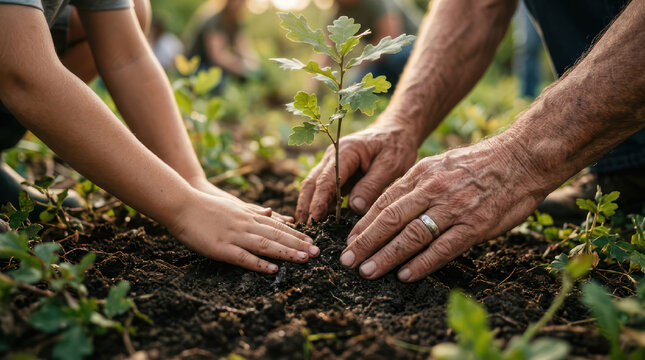 Hands planting a small tree together in soil.