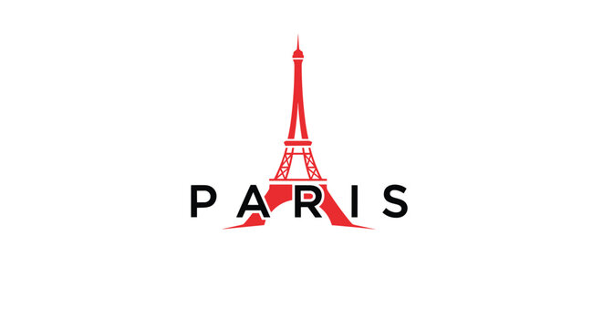 Minimalist graphic design featuring the word PARIS with a red silhouette of the Eiffel Tower integrated into the typography.