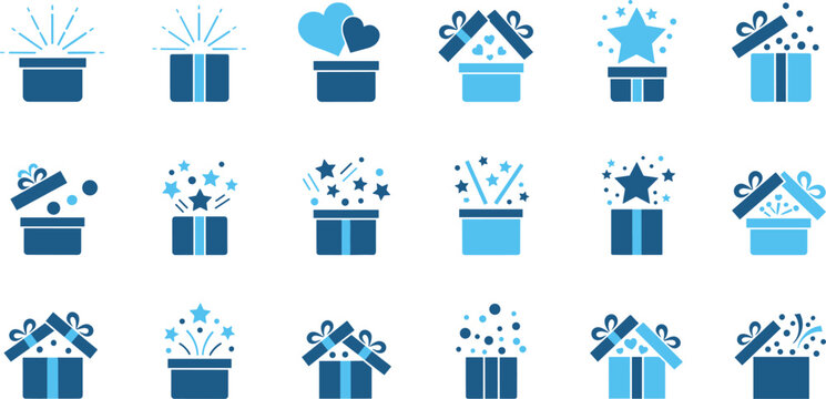 Surprise gift box icon set featuring open presents exploding with stars hearts confetti magic light sparks and blue reward symbols for holiday celebrations