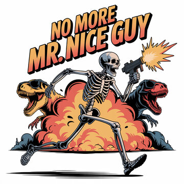 Skeleton holding gun with dinosaurs and explosion graphic illustration transparent background