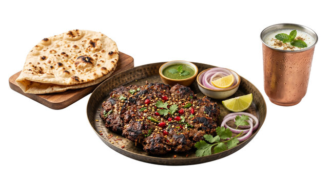 Traditional Chapli Kabab platter with naan bread and lassi, authentic Pakistani minced meat patties, grilled beef kebabs with chutney and onions