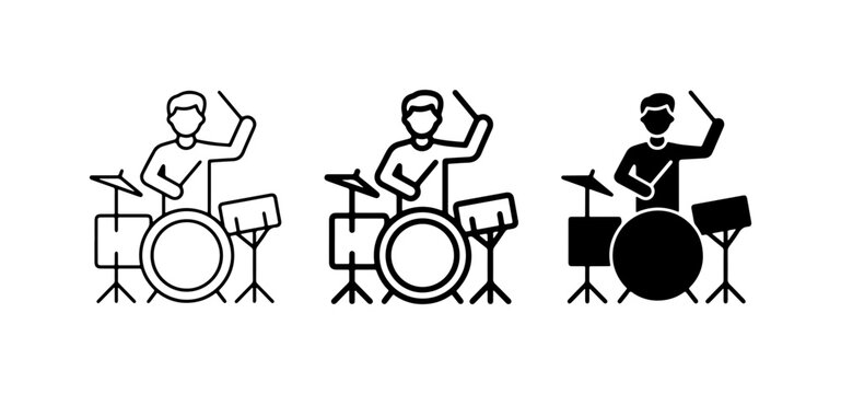 Drummer Icon Set, Musician Playing Drums, Percussionist Vector Graphics