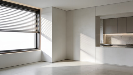 Fototapeta premium Luxury Interior Corner Wall Mockup with Sunlit Window and Blinds