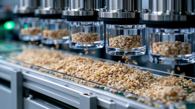 Industrial machinery processing organic corn kernels on a high speed automated conveyor belt manufacturing line