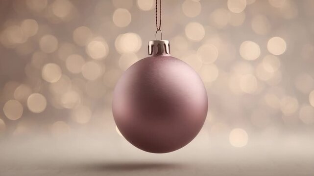Matte silicone sphere ornament hanging centrally, crisp focus, soft studio light, dusty mauve ornament against neutral cream bokeh background