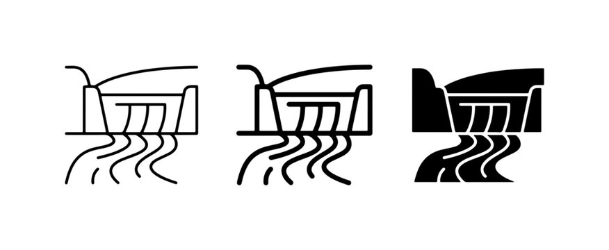 Dam Icons, Water Flow Symbols, Hydroelectric Power Generation Vector Set