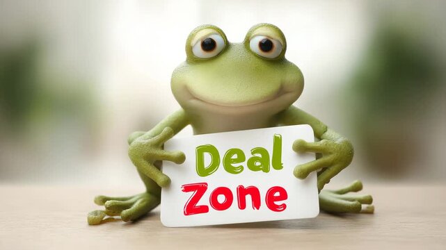 Playful cartoon frog indoors holding a sign with vibrant text Deal Zone before "Flash Sale" bright indoor lighting simple background clear focus