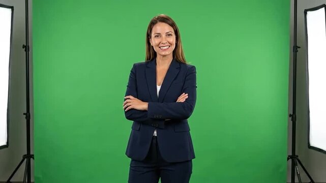 Confident woman stands arms crossed in studio green screen setup