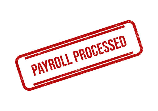 Red ink rubber stamp that says payroll processed in a rectangular box