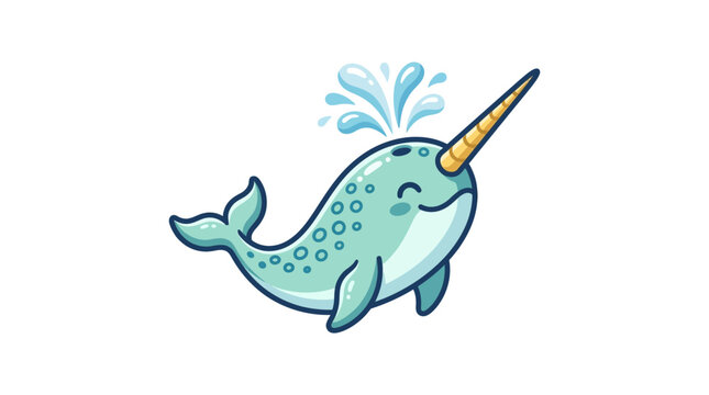Smiling cartoon narwhal with horn.