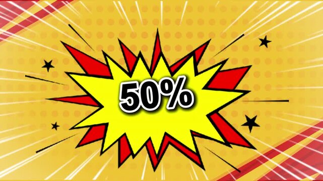 50% Off Discount Sale Comic Explosion Looping Video Animation Pop Art Graphic Illustration Retail Promo Banner Loop Footage