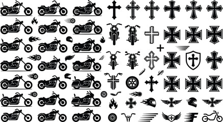 Motorcycle chopper and biker culture cross icon set for classic custom garage tattoo badge emblem design vector © MdBarat