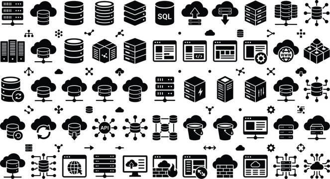Cloud computing and database silhouette icon set for big data server storage network hosting technology infrastructure vector