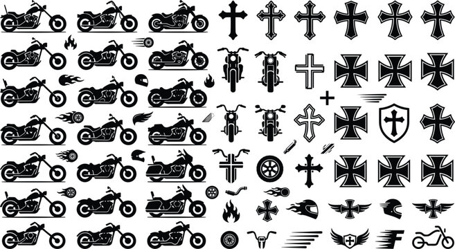 Motorcycle chopper and biker culture cross icon set for classic custom garage tattoo badge emblem design vector