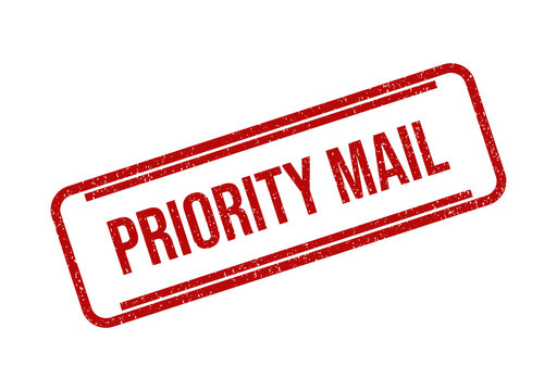 Red priority mail rubber stamp ink imprint on a flat surface