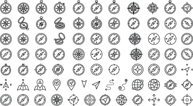 Compass line icon set with navigation dial arrow globe map pointer travel orientation exploration route design vector