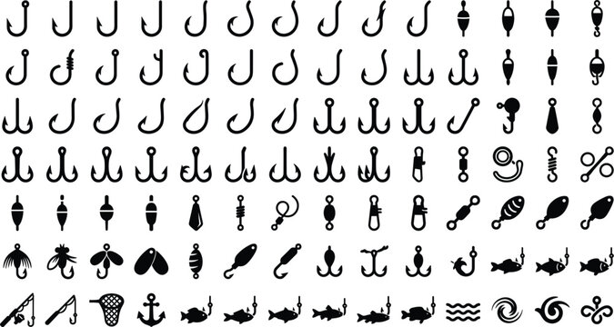 Fishing hook and tackle silhouette icon set with bait lure float anchor and outdoor fish catching equipment vector