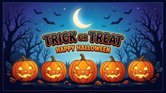 Halloween day illustration jack o' lanterns bats and crescent moon festive scene