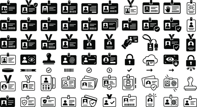 Identification card icon set with employee ID badge name tag security pass and corporate profile credentials vector