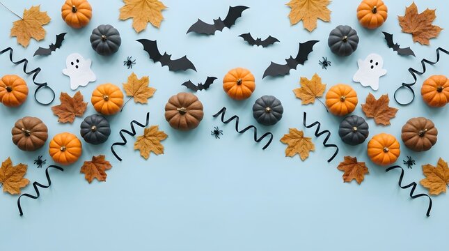 Halloween day decorations pumpkins ghosts bats and autumn leaves flat lay
